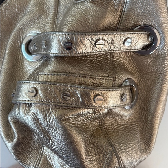 BODHI BRAND GOLD METALLIC LEATHER SHOULDER BAG SILVER HARDWARE WITH SILVER STUDS